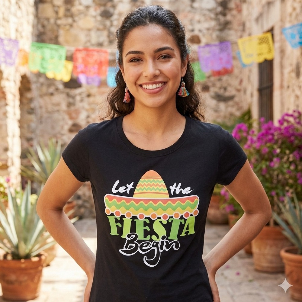 Let the Fiesta Begin Tshirt Juniors XS Black Taco Tuesday Sombrero Cinco de Mayo